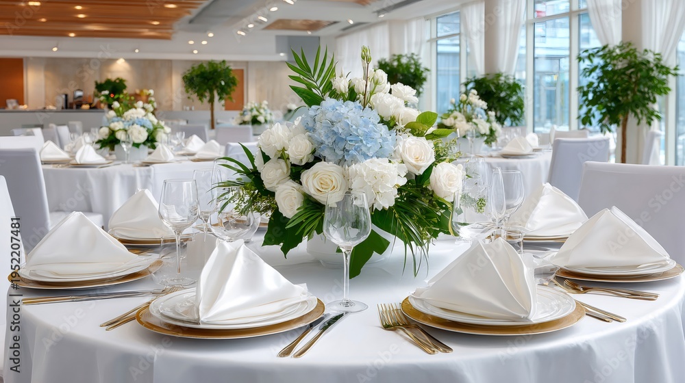 Fototapeta premium Elegant event table settings with blue hydrangea centerpiece