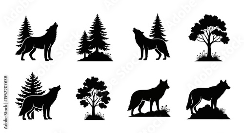 Black silhouettes of howling wolves and trees on transparent background
