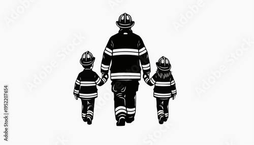 Firefighter family illustration with adult and children in uniform walking hand in hand together