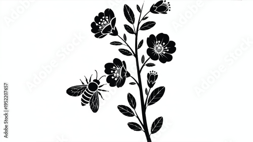 black and white image of a bee flying near a flower branch