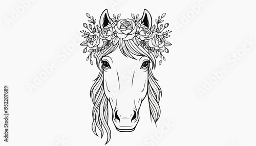 Horse head illustration with floral crown roses leaves and elegant decorative black line art