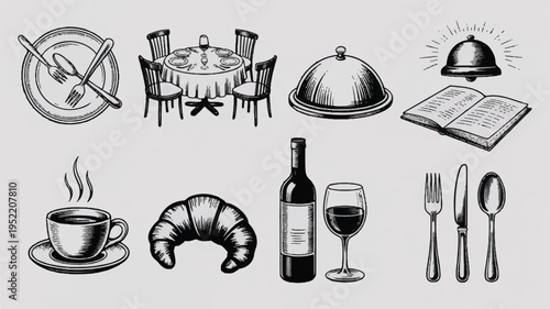 black and white restaurant and food illustrations on gray background