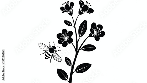 black silhouette of a bee flying near a flower branch