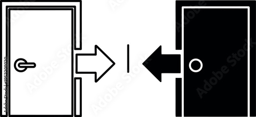 White Door with Arrow Pointing to Black Door, Conceptual Icon on Isolated White Background