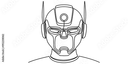 One Line Drawing of Futuristic Robot Head and Cybernetic Helmet