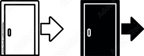 Door Icons with Right Arrows Outlined Door and Solid Door Depiction, White Background