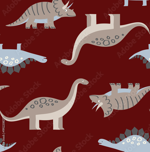 Cute dinosaur seamless pattern with triceratops and brontosaurus