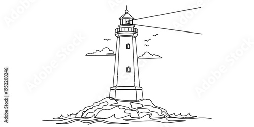 One Line Drawing of Lighthouse on Rocks with Ocean Waves