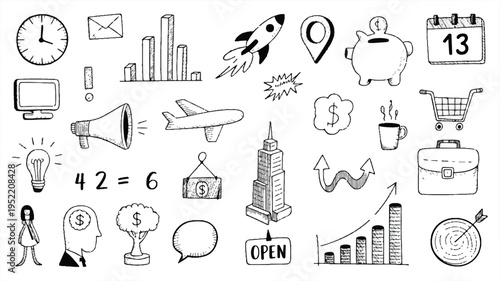 Business finance and marketing doodle icons set for presentations and infographics