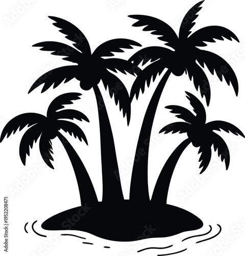 Tropical palm tree island silhouette with ocean waves. Minimal beach landscape design with exotic vacation theme. Summer travel graphic element for tourism, holiday, and creative design. 