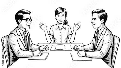 Business meeting with two men and one woman sitting at a table