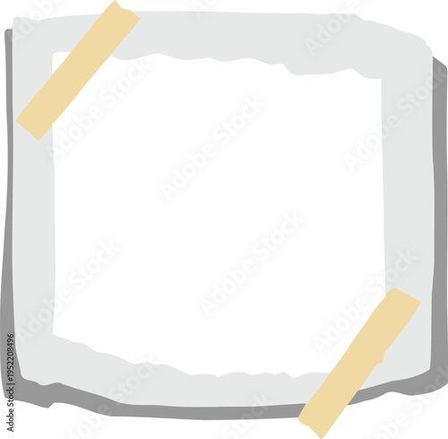 Paper note frame with tape corners and torn edges. Minimal sticky memo background with soft shadow effect. Simple template for messages, reminders, and creative design. 