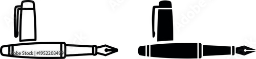 Two Fountain Pen Icon Illustrations One Outlined and One Filled Black Silhouette on White