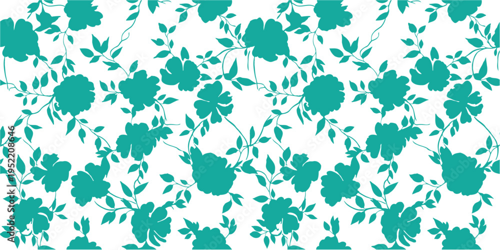 Fototapeta premium Teal floral silhouette pattern with leaves and blossoms. Minimal botanical background with dense repeating plant shapes. Seamless nature texture for wallpaper, textile, and surface design. 
