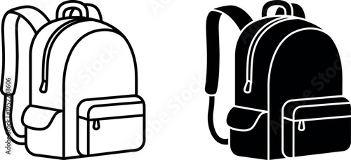 Two Backpack Icons One Black Outline and One Solid Black School Bag Illustration