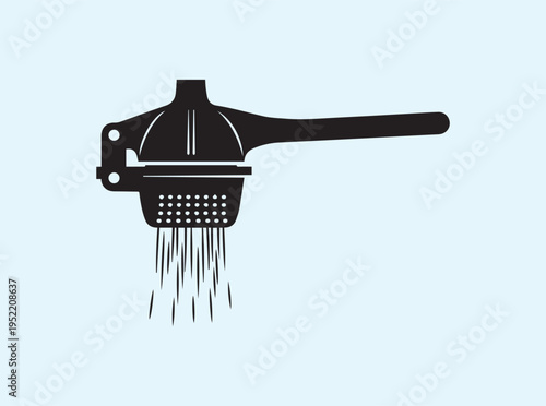 Dynamic garlic pressing action showing crushed garlic pulp on clean background