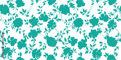 Teal floral silhouette pattern with leaves and blossoms. Minimal botanical background with dense repeating plant shapes. Seamless nature texture for wallpaper, textile, and surface design. 