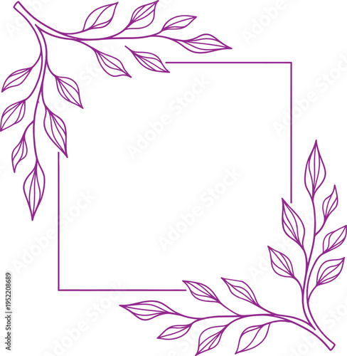 Purple botanical square frame with elegant leaf corner decoration. Minimal foliage border with clean geometric shape and line art style. Modern decorative frame for invitations, cards.
