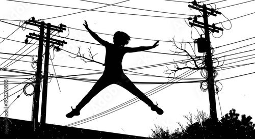 Joyful person leaping against power lines striking a pose on transparent background silhouette