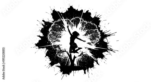 Joyful woman jumping within an ink splash striking silhouette on transparent background