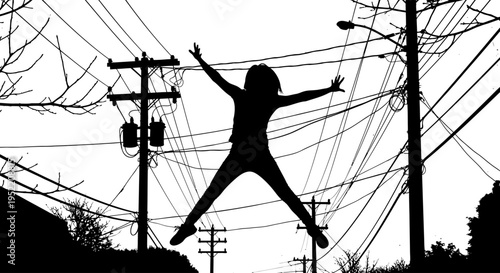Joyful leaping figure against power lines on transparent background silhouette