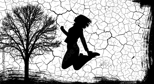Woman jumping in front of a cracked tree a striking silhouette on transparent background
