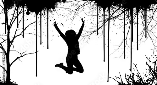 Joyful person jumping with dripping paint above on transparent background silhouette
