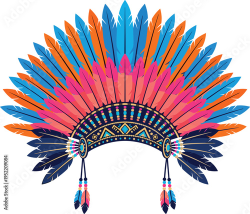 Colorful tribal feather headdress illustration, ethnic cultural accessory, boho festival headpiece, native inspired design, decorative ornament, vibrant feathers, vector artwork concept