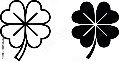 Outlined and Solid Silhouette of FourLeaf Clover, Lucky Charm, Isolated on White