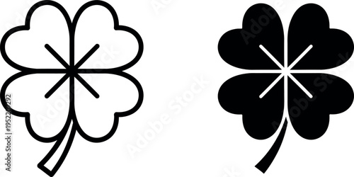Symmetrical FourLeaf Clover Icons Black Outline and Solid Fill Graphics for Digital Use