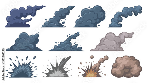cartoon smoke and explosion clouds collection on white background