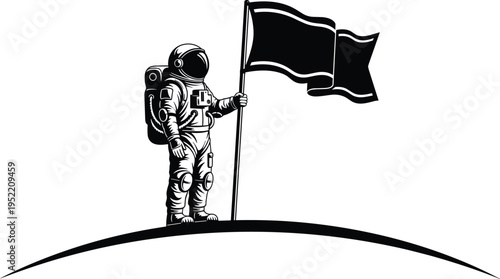 Astronaut standing on moon surface holding flag isolated cad drawing flat vector illustration for space exploration galaxy mission and science