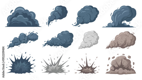 cartoon smoke and explosion clouds in various shades and styles on white background