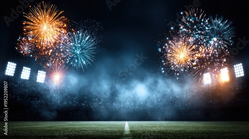Fireworks display over field with stadium lights festive celebration scene