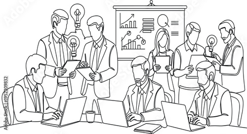 Business Team Brainstorming and Strategy Meeting Line Art Illustration with Office Workers Using Laptops, Presenting Charts, and Sharing Innovative Ideas