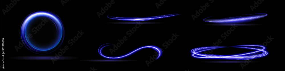 Obraz premium Neon swirl. Curve blue line light effect. Abstract ring background with glowing swirling background. Energy flow tunnel. Blue portal, platform. Magic circle vector.