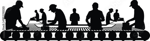 Factory workers on conveyor belt assembly line, industrial production process, manufacturing teamwork, packaging workflow, mass production system, industry labor concept illustration