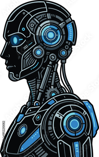 Futuristic humanoid robot illustration, artificial intelligence technology concept, cybernetic machine design, digital innovation, advanced robotics, sci fi android, modern AI system visualization