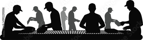 Factory workers packaging products on conveyor belt, industrial assembly line process, manufacturing workflow, teamwork production system, logistics and packaging industry concept illustration