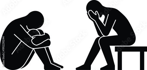 Depressed people sitting in distress silhouette, mental health issues, anxiety and loneliness concept, emotional pain, psychological struggle, depression awareness, human sadness illustration