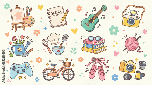 A vibrant collection of cute, hand-drawn illustrations depicting various hobbies and creative pursuits, including art, music, photography, and crafting.
