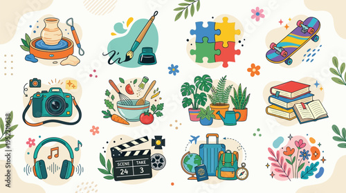 A vibrant collection of diverse hobbies and leisure activities illustrated with colorful icons on a light background.