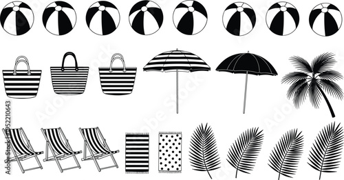 Beach summer vacation icons set with palm tree umbrella ball chair cad drawing flat vector illustration for tropical holiday travel designt