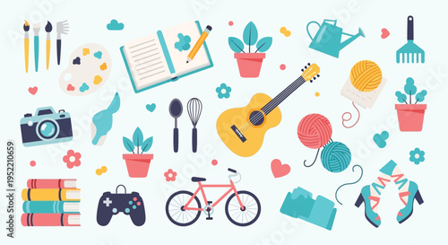 A vibrant collection of hobby and leisure items arranged in a playful, scattered pattern on a light background.