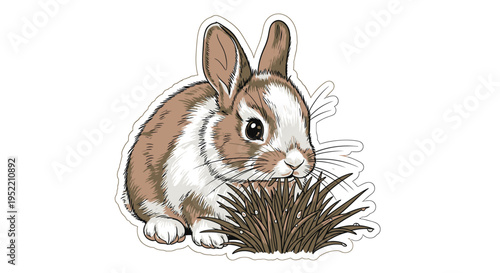 Cute brown and white rabbit eating grass.