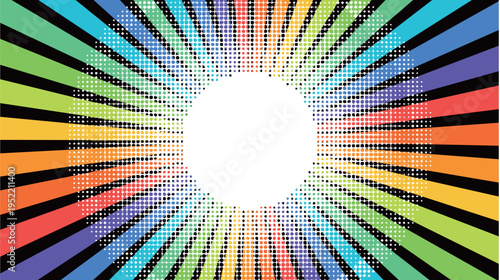 Vibrant Rainbow Sunburst Background with Halftone Dot Pattern