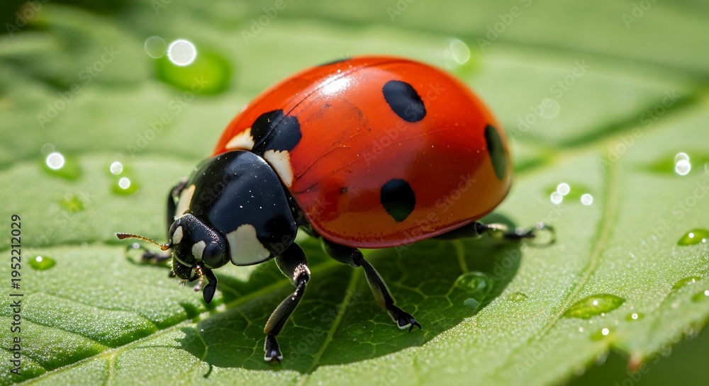 Obraz premium Ladybug on a green leaf with water droplets.