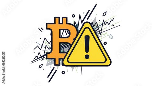 Cryptocurrency Risk Warning Illustration – Digital Currency Symbol with Alert Sign, Unstable Financial System Concept