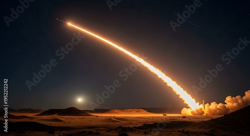 Long range rocket soaring across starry night desert vista