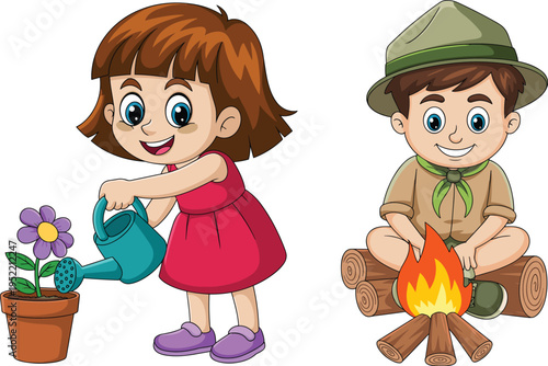 Cute cartoon kids gardening and camping illustration, happy children watering flower and sitting by campfire vector artwork